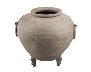 A Chinese pottery tripod jar, Han dynasty, with taotie mask and ring handles, incised to the shoulders with dragons, on three bear-moulded feet, 31cm high
		
