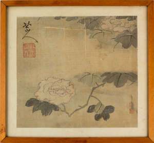 
	
		Follower of Zhu Da (1626 - 1705), 18th century, ink and colour on silk, depicting leafy...