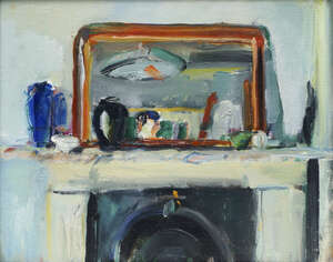
	
		Roger Tolson,
		British b. 1958-
		 
		Mantlepiece;
		 
		oil on canvas board,...