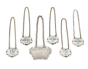 
	
		Five silver and enamel decanter labels, Birmingham, 1957 & 1958, Turner & Simpson, two...