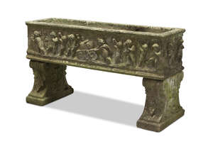 
	
		A reconstituted stone rectangular planter, 20th century, moulded with friezes of cherubs...