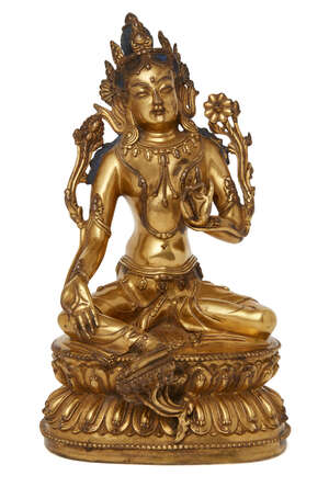 
	
		A Sino-Tibetan gilt-bronze seated figure of Avalokiteshvara, 18th/19th century, seated in...