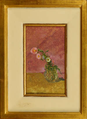 Carolyn Sergeant,
		British b.1937-
		 
		Rockroses and Daisy, 1991; 
		 
		oil on board, signed with initials and dated, 15.7x9.5cm (framed) (ARR)
		P