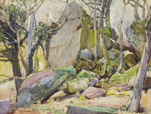 
	
		Samuel John Lamorna Birch RA RWS,
		British 1869-1955-
		 
		Rocks and Trees;
		 
		