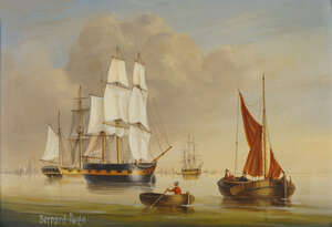Bernard Page, British b.1927- Dutch shipping scene; oil on panel, signed, 20.5 x 30cm (ARR)