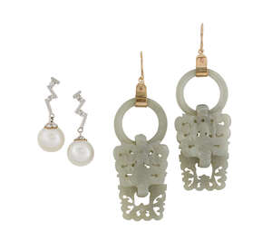 
	
		A pair of diamond and cultured pearl earrings and a pair of jadeite jade earrings, the...