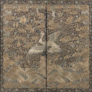 
	
		A pair of Chinese silk embroidered rank badges, late Qing dynasty, decorated in gold...