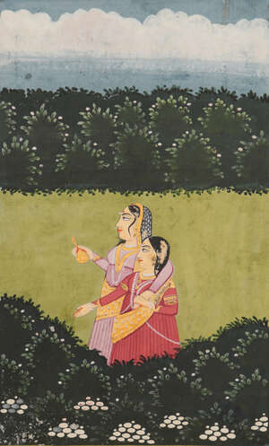 
	
		Maidens going for a country walk, Rajasthan, India, late 19th century, opaque pigments...