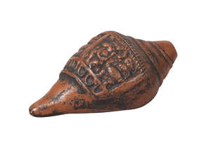 
	
		A Nepalese pottery ritual conch shell, 19th century, moulded with two panels of deities,...