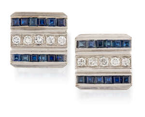 
	
		A pair of diamond and sapphire cufflinks, the rectangular panels set with a central line...
