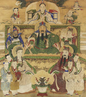 
	
		19th century Chinese School, ink and colour on paper, Guandi seated on a throne...