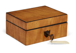 
	
		A satinwood sewing necessaire, 19th century, with ebony edging fitted interior with ivory...