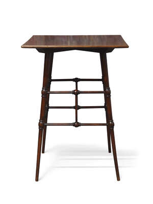 
	
		An Arts & Crafts mahogany occasional table, with ring turned and spindles legs, joined by...