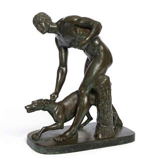 
	
		John Gibson, British, 1790-1866, a bronze entitled 'The Hunter and Dog', third quarter...