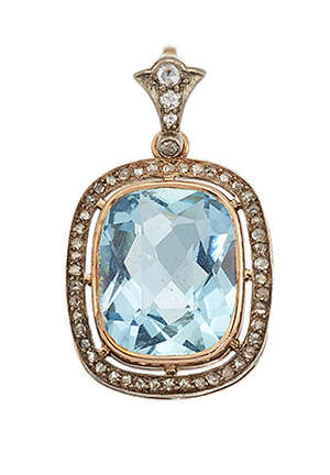 
	
		An aquamarine and diamond pendant, the mixed-cut aquamarine in collet mount with rose-cut...