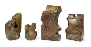 
	
		Henry Cliffe, 
		British 1919-1983- 
		
		Abstract Forms; 
		bronze with green...