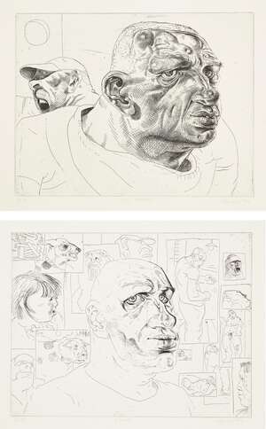 
	
		Peter Howson OBE, 
		Scottish b.1958- 
		 
		Studio & On Parade, 1992; 
		 
		two...