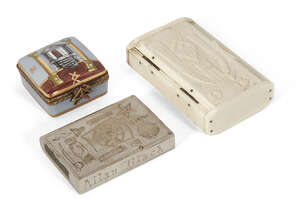 
	
		A group of three Masonic interest boxes, 19th century and later, comprising:  a carved...