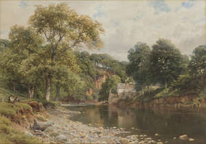 
	
		Harry Sutton Palmer, RI, 
		British 1854-1933- 
		River landscape with two boys on a...