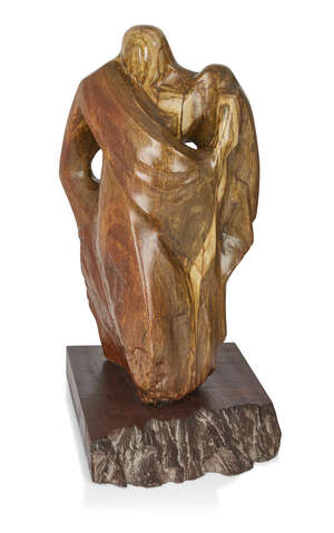 South African School,Abstract figural group, 1978, Variegated stone, hardwood plinth, signed...