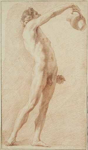 
	
		Circle of Edmé Bouchardon, 
		French 1698-1762- 
		A male nude holding a jug; 
		red...