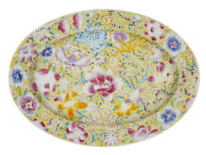 
	
		A Chinese porcelain 'millefleurs' oval dish, Republic period, painted in enamels with...