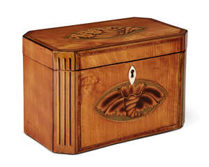 
	
		A George III satinwood and shell inlaid two-division tea caddy, chamfered corners inlaid...
