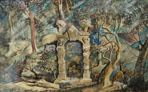 
	
		Robert Dumont-Smith FRSA, British 1908-1994- Woodland deer near a ruined arch (recto), &...