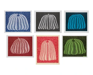 After Yayoi Kusama,&nbsp;Japanese, b.1929-&nbsp;
Blue pumpkin, green pumpkin, dark red pumpkin, black and...