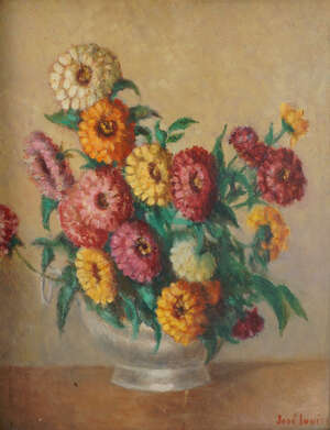 
	
		Jose Inniss, 
		mid 20th century-
		 
		Chrysanthemums;
		 
		oil on board, signed,...