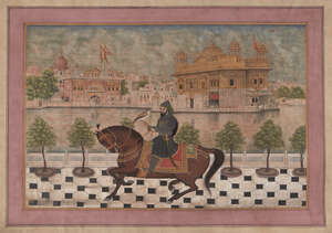 
	
		A Sikh watercolor of Guru Gobind Singh Ji (1666-1708) on a horse with his favorite...