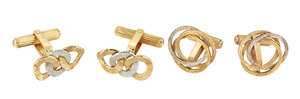 Two pairs of two colour cufflinks, of interlocking hoop design, to hinge fittings, one pair with three textured hoops, the other pair of stacked textured hoop 