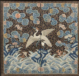 
	
		A pair of Chinese silk embroidered rank badges, late Qing dynasty, decorated with cranes...