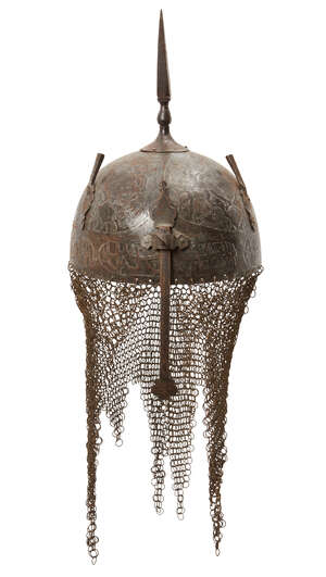 
	
		A Qajar silver overlaid steel helmet, late 19th century, of typical form, with central...