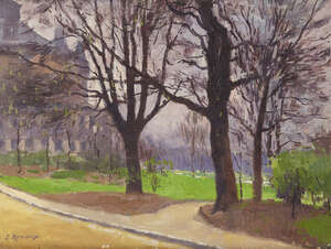 Ernest Jules Renoux, 
		French 1863-1932-
		
		Jardin et Palais du Trocadéro;
		 
		oil on panel, signed lower left; bears studio stamp on the reverse,