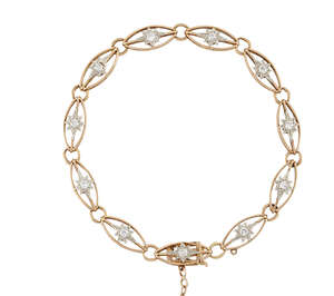 
	
		An Edwardian gold, diamond bracelet, composed of a series of openwork navette shaped...
