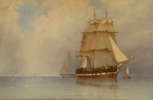 
	
		William Clark of Greenock, 
		 
		Scottish 1803-1883- 
		 
		Dead Calm; 
		 
		oil...
