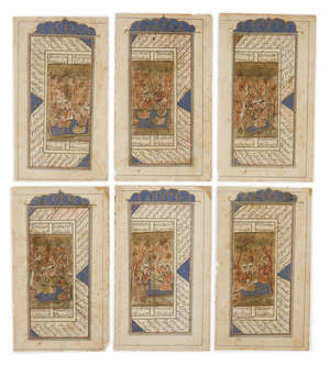 
	
		Six illustrated pages from Jalal al-Din Rumi (d.1273 AD): Mathnawi, India, late 19th...