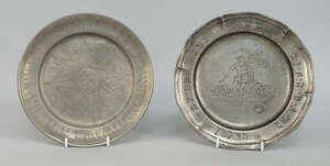 
	
		A German pewter plate, 18th century, engraved to the centre with a scene of the sacrifice...