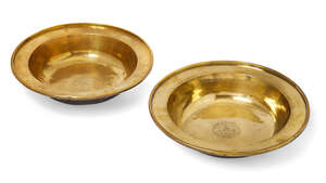 
	
		A pair of Chinese brass bowls, 19th century, engraved with a lotus medallion, 33cm...