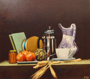 
	
		Trevor Halliday, British b.1939- Still life; oil on canvas, signed, and signed and dated...