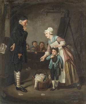 
	
		F Pascol, 
		mid 19th century- 
		 
		Schoolmaster's Present; 
		 
		oil on canvas,...