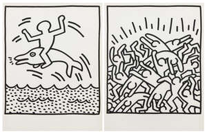 
	
		Keith Haring, 
		American 1958-1990
		 
		Untitled (dolphin and crowd), 1983;
		two...