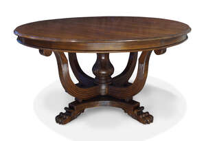 
	
		A William IV style mahogany dining table, late 20th century, the circular top on central...