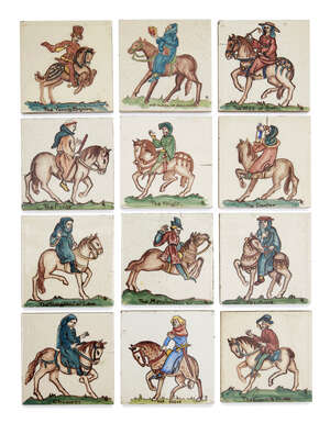 
	
		Packard & Ord, a set of 'Chaucer's Tales' small tiles depicting various...