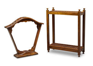 
	
		Two hardwood walking stick display stands, second half 20th century, one of shaped form...