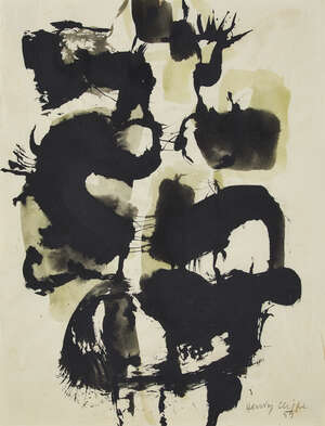 
	
		Henry Cliffe, 
		British 1919-1983- 
		Untitled composition, 1959; 
		black ink and wash,...
