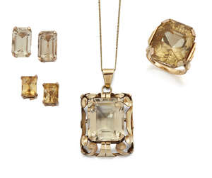
	
		A small group of citrine jewellery, comprising: a cut-cornered rectangular citrine single...