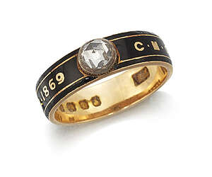 
	
		A Victorian 18ct. gold and diamond mourning ring, the band set in the centre with a...