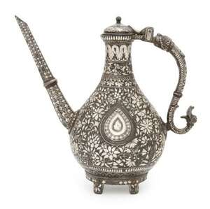 
	
		A Mughal bidri silver-inlaid ewer, Deccan, India, 19th century, the ewer with drop-shaped...